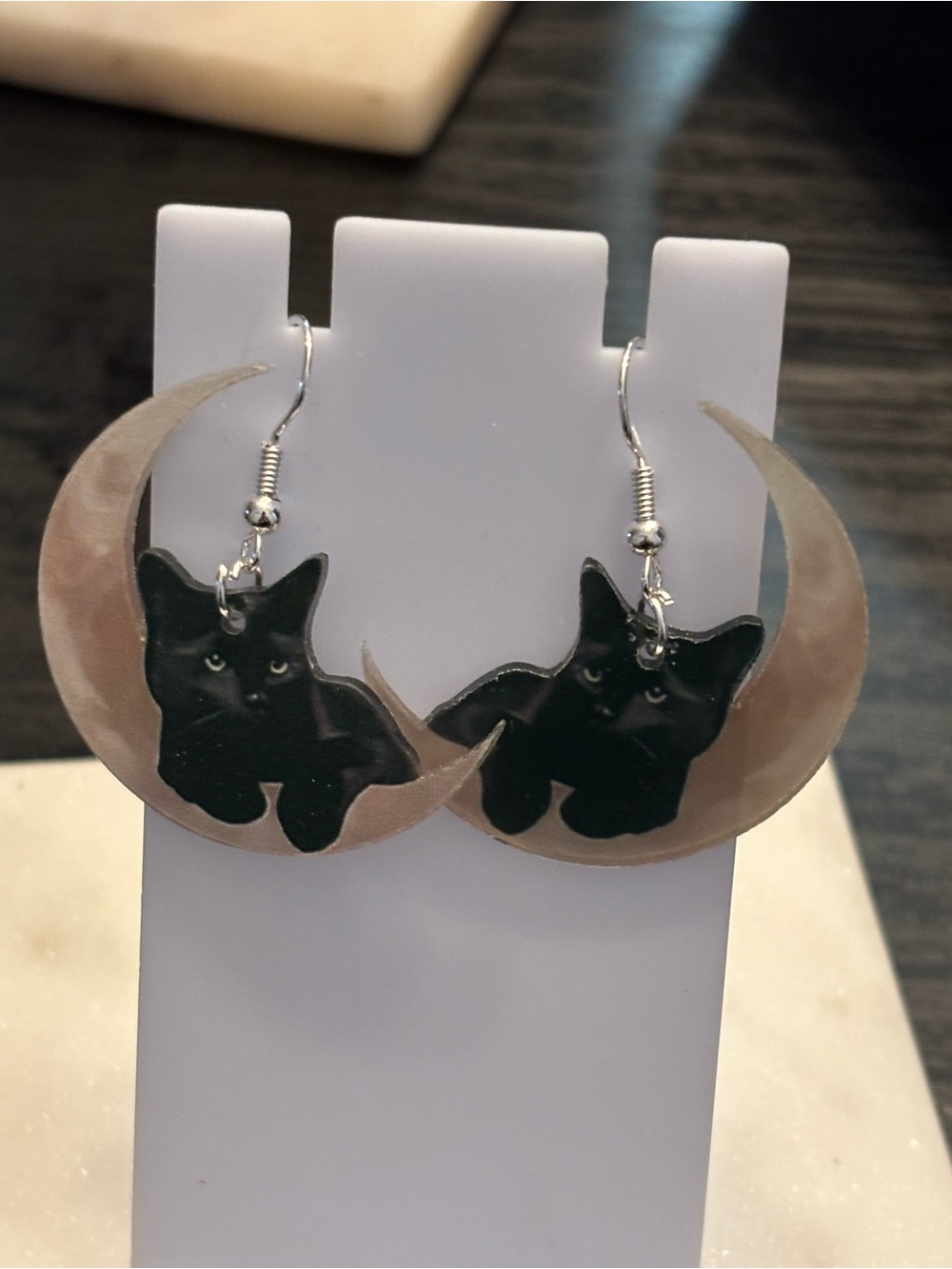 Title: Black Cat on Crescent Moon Acrylic Dangle Earrings | Marbled Moon | Silve